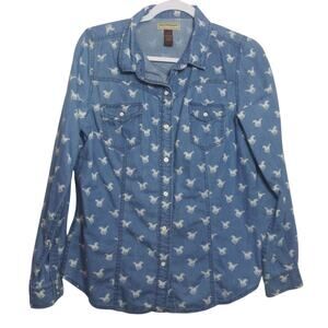 Bit & Bridle Denim Blue Denim Western Cowgirl Rodeo Button Up Shirt Horse Sz L